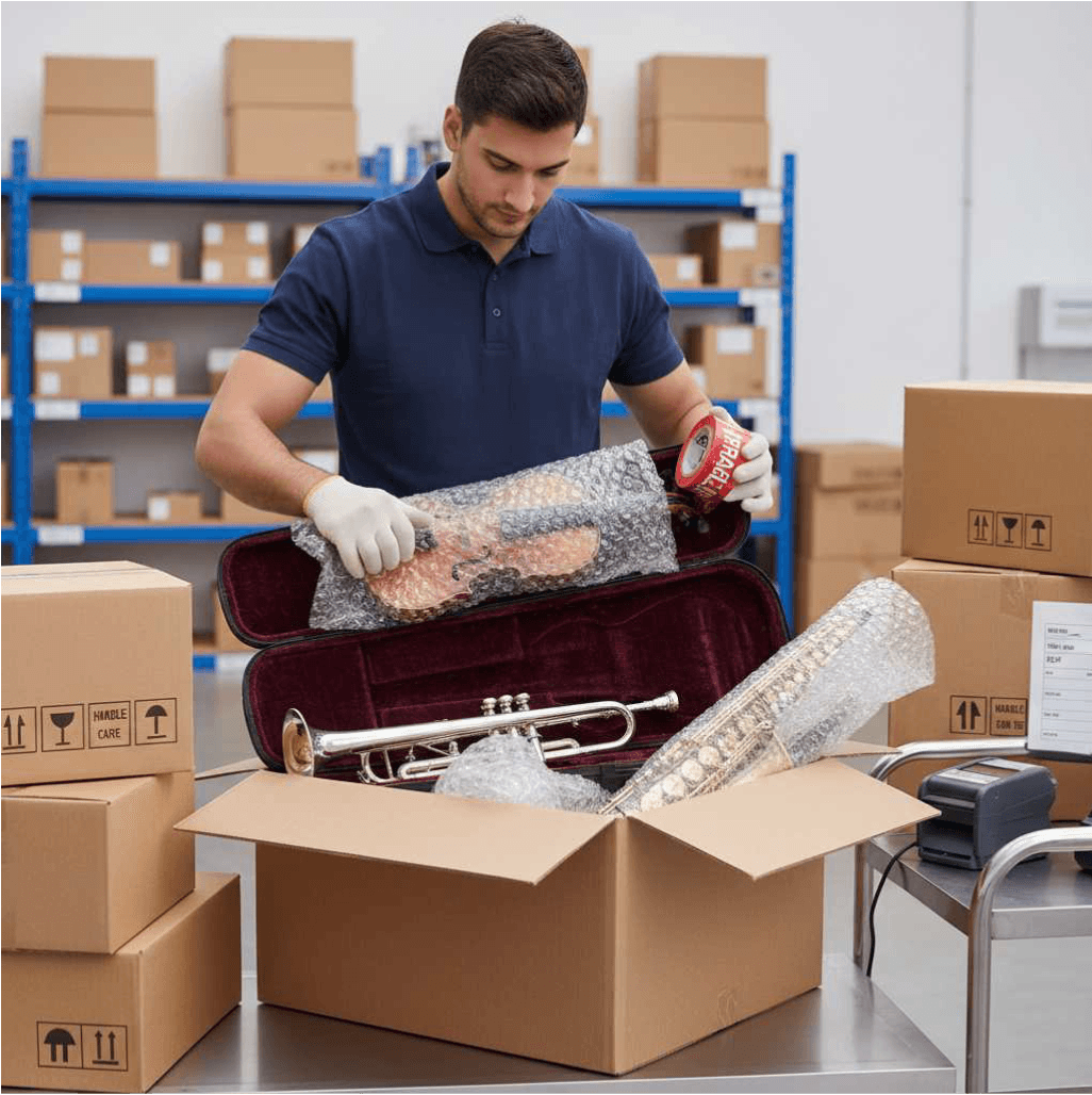 Crew member packing equipment into a case