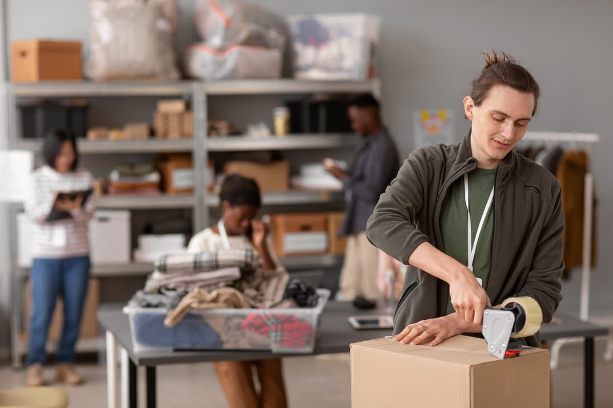 Smiling man opening a delivered parcel