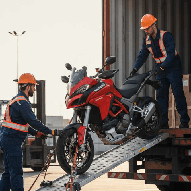 Workers loading a motorbike in a workshop
