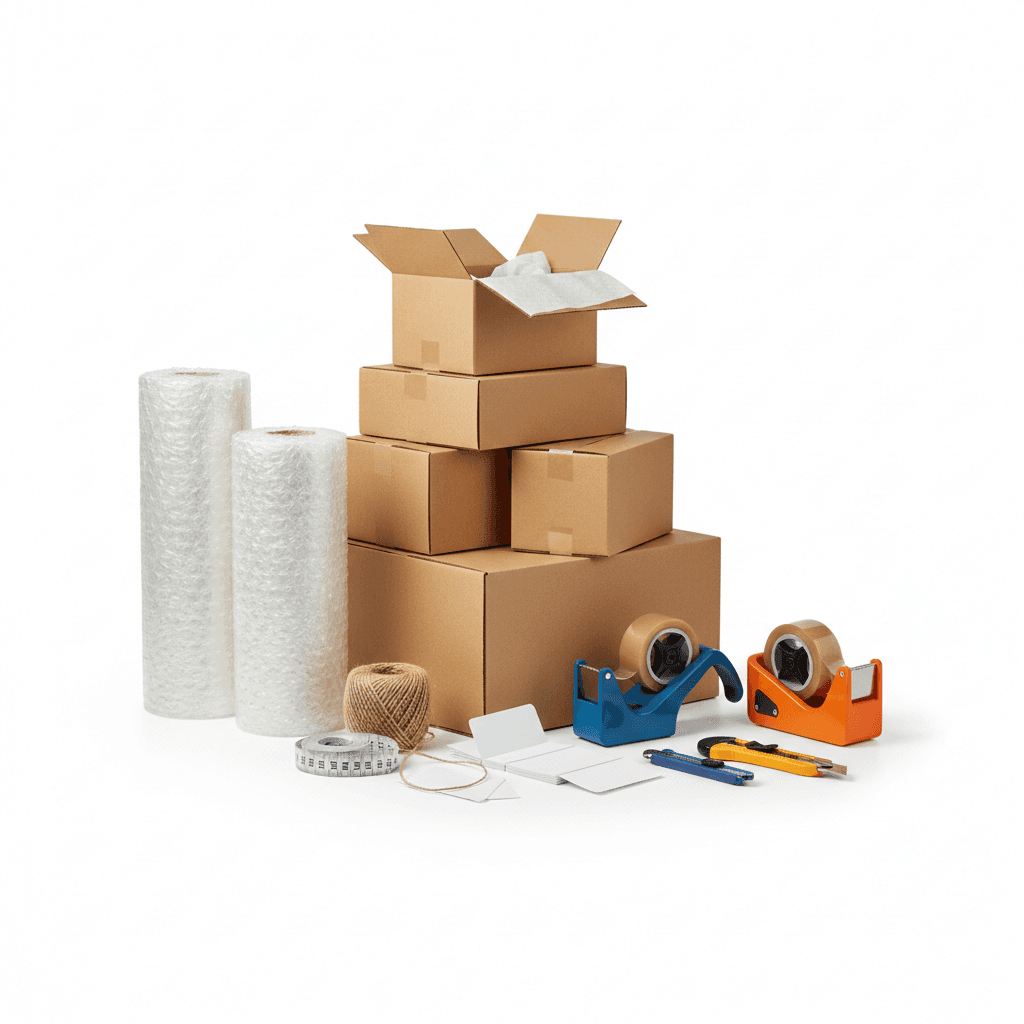 A stack of packaging boxes, tape guns and protective wrap